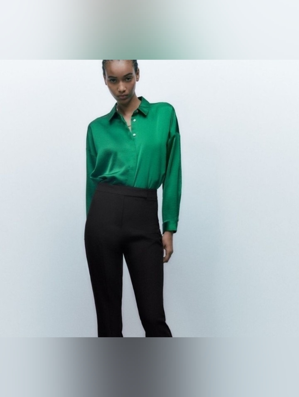 Forest Green Satin Button-Front Blouse for Women